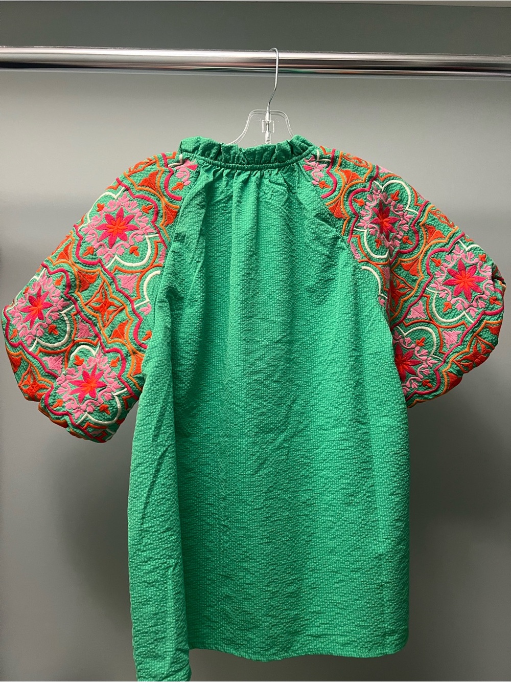 THML Green Blouse with Embroidered Pink & Orange Puffy Sleeves - Picture 2 of 5